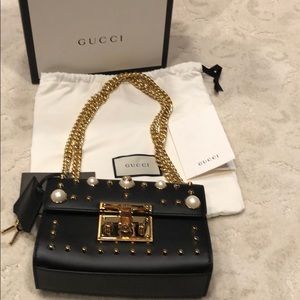 Gucci Black Leather Small Pearl Studded Padlock Shoulder Bag Gucci